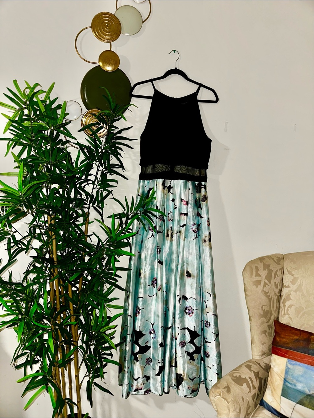 Sleeveless Maxi Dress with Black Bodice and Aqua Floral Skirt